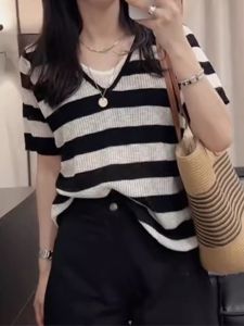Casual Fashion Color Block Stripe V Neck Short Sleeve T Shirt Womens Summer New Thin Versatile Fake Two Piece Top
