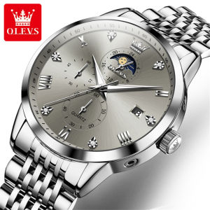 OLEVS 2925 Fashion Quartz Men Watch Gift Stainless Steel Watchband Round-dial Wristwatch Moon Phase Calendar Luminous Small second