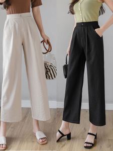 เวอร์ชั่นเกาหลีใหม่ของผ้าฝ้ายสีทึบและผ้าลินินเอวยางยืดหลวมและบางทุกการแข่งขันกางเกงขากว้างผู้หญิง