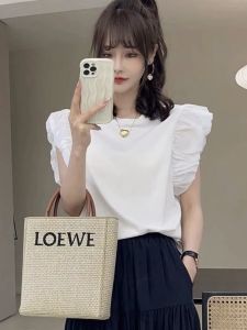 Summer 2025 Womens round Neck Bubble Sleeve T-shirt Hong Kong Style Design Sensation Niche Exclusive Commute Korean Loose Fit