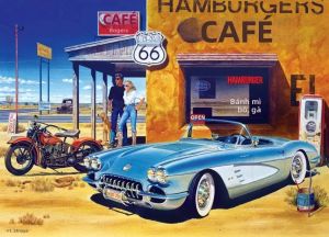 KAYOU | Tranh Thêu Kim Cương Cafe Route 66 Cổ Điển - Phong Cảnh Đường Phố Xe Hơi & Mô Tô Mỹ Dán Đầy Đủ Tranh Thêu Chữ Thập Trang Trí Tường