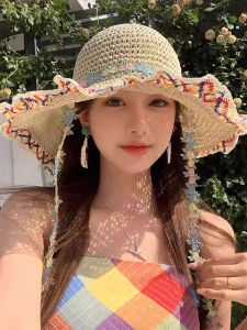 BILLI ZILLY | Summer Beach Vacation Sun Protection Large Brim Straw Hat Womens Casual Style Fisherman Hat Woven Ethnic Folklore Cap