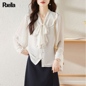 Puella Chic Pleated Sleeve Butterfly Knot Collar Shirt Womens Fashionable Young Looking Lace Shirt Straight Cut Long Sleeve V-Neck