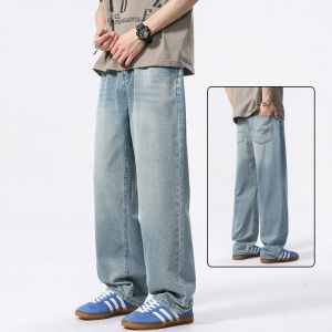 Linen Mens Jeans Straight Leg Loose Fit American Style Casual Wide Leg Long Trousers Spring Autumn Season mid Waist Zipper Closure
