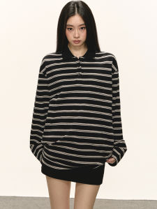 Anna Aneae Womens Loose Fit Long Sleeve Polo Neck T-Shirt Autumn Winter New Style Casual Comfortable Black Striped Top