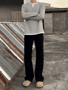 กางเกงยีนส์ทรงหลวมเอวสูงผู้ชาย กางเกงขายาวทรงตรง ทรงหลวม ทรงลำลอง สไตล์อเมริกัน ฤดูใบไม้ร่วง/ฤดูหนาว กางเกงยีนส์บุขนแกะสีดำ