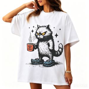 Sanrio | Nope Not Today T-Shirt Cat Mom Tshirt Cute Angry Cat Coffee T Shirt O Neck Short-sleeved Tops Cat Dad Breathable Man Cotton