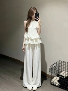 SUSIEYUAN | Bộ Quần Dài Ống Rộng và Áo Thun Không Tay Trắng Thời Trang