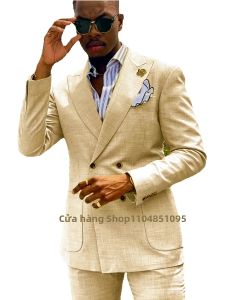 Bộ Vest Cưới Nam Chất Liệu Lanh Kiểu Dáng Ôm Body Hai Hàng Khuy Ve Nhọn Gồm 2 Món Mặc Mùa Hè