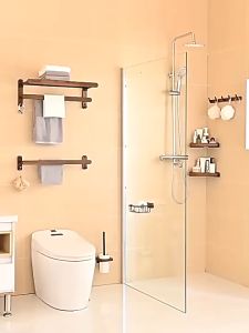 [SG Seller]Punch Free Black Walnut Bathroom Rack Towel Rack Shampoo Rack Wall hanging Rack Bathroom Accessories Set