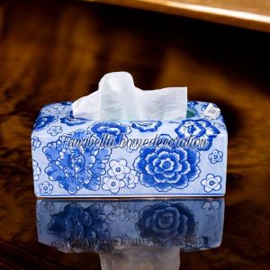 Tempat Tisu Keramik Bunga Biru Putih Import Dekorasi Rumah