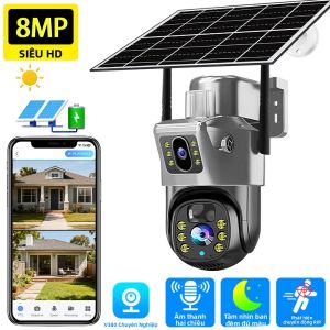 Camera An Ninh Năng Lượng Mặt Trời 8MP Ống Kính Kép Ngoài Trời Chống Nước Tầm Nhìn Ban Đêm PIR Phát Hiện Chuyển Động PTZ Giám Sát Camera Quan Sát Theo Dõi Tự Động