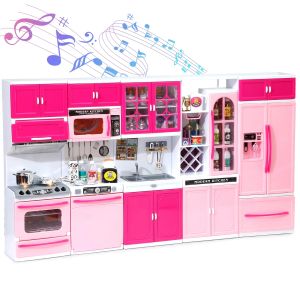 Pink Kitchen Combo Pretend Play ชุดของเล่น 5 ชิ้นพร้อมไฟและเสียงสําหรับเด็กผู้หญิง คริสต์มาส/ฮาโลวีน/วันขอบคุณพระเจ้า/ปีใหม่