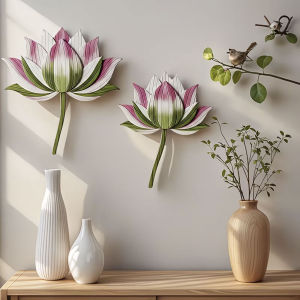 2Pcs Natural Lotus Flower Wood Wall Decor Elegant Floral Wall Art for Bedroom