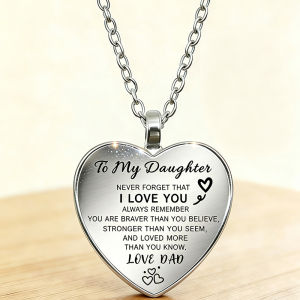 By Mom And Dad Love Quote Engraved Glass Heart Shaped Pendant Necklace Emotional Keepsake Jewelry For Daughter Gift