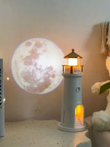 RHPOA Rechargeable Lunar Projection Desk Lamp Lighthouse Design Individually Open Projection Remote Control Adjust Brightness Timed Close