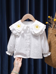 เสื้อเชิ้ตคอปกปิดสำหรับเด็กผู้หญิง Tagkita Pure Cotton Lace Spring Autumn White Shirt Fresh Style Long Sleeve 1-8 Years Old