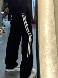 Black Stripe Mens Summer Quick Dry Straight Leg Casual Sports Pants Three Bars Long Trousers for Youth Fashion Leisure
