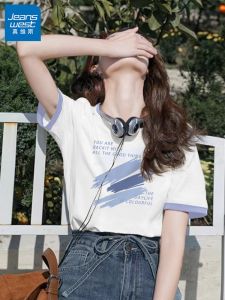 True We V-collar Casual T-shirt Womens Summer Short Sleeve Pure Cotton Creative Design Street Style Print Loose Fit Cotton100%