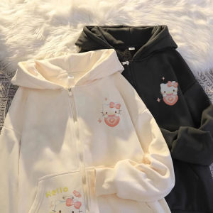 HelloKitty Kitty Cat Childrens Fleece Lined Zipper Hoodie Sweet Style Girls Outerwear Cotton Sweatshirt Autumn Winter Kids