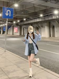 Blue Summer Loose Fit Lightweight Long Sleeve Shirt Womens Korean Style Sun Protection Outerwear Fashionable Open Cardigan