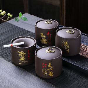 Vàng-embellished Tím / Tím Violet / Tím Hoa Cà Đất Sét Gạt Tàn Có Nắp Gốm Vintage Trang Trí Nhà Chống Gió Phòng Khách Hút Thuốc Phụ Kiện Sáng Tạo