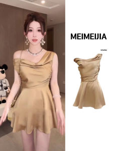 ชุดเดรสคอวีแขนกุดทรงเอผ้าซาตินสีแชมเปญเซ็กซี่สำหรับผู้หญิง กระโปรงสั้นทรงเอเข้ารูป เดรสทำงานฤดูร้อน