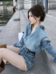 French Chic Shoulder Denim Shirt for Women Spring & Fall New Design Sense Niche Style Casual Loose Easiest for Match Bandage Dress Tops