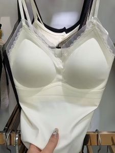 Spring Summer 2024 Womens French Lace One-Piece Cup Camisole Vest Slimming V-Neck Versatile Inner Wear Matching Backless Design