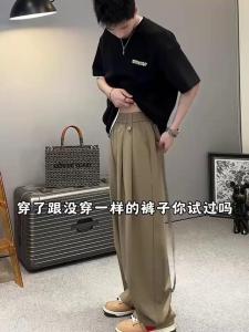 Summer New Mens Hong Kong Style Ice Silk Drapey Casual Pants Design Loose Wide Leg Straight Cut Fashionable Urban Leisure Trousers