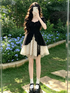 LIRUSHAN | French Style Black Polka Dot Fitted Fake Two-Piece Dress