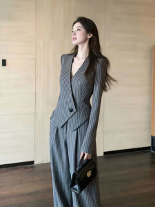 XUECAIQI | Vintage Elegance Senior Style High-Quality Gray Striped Womens Suit