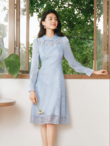 Koradior | Lace Panelled Long Sleeve Mid-Calf Dress
