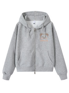 เสื้อสเวตเตอร์ฮู้ดพิมพ์ลายหมีสีเทาสำหรับผู้หญิง ฤดูใบไม้ผลิและฤดูใบไม้ร่วง ดีไซน์ซิป เสื้อคาร์ดิแกนสั้นสำหรับเล่นกีฬา เสื้อตัวบน