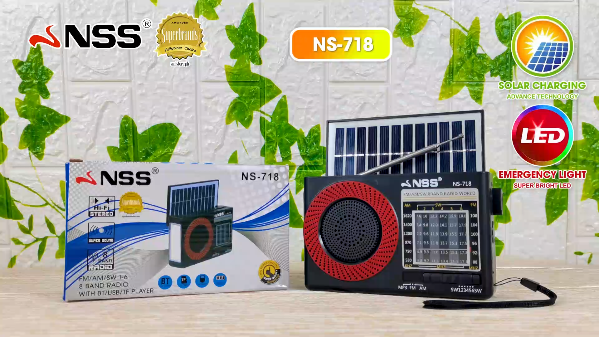 NSS Solar Radio Rechargeable Bluetooth Radio 8 BAND FM/AM/SW BT/USB/TF with LED flashlight NS-718