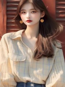 Outlet Store Clearance Brand High End Korean Style Anti-Aging Khaki Plaid Long Sleeve Shirt Womens Top Autumn Season