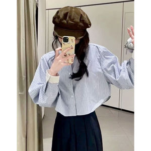 Korean Style Loose Fit round Neck Striped Shirt Ageless Fashion Casual Workwear Blue White Vertical Stripes Slimming Shirt