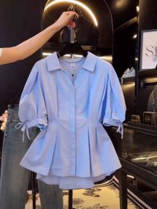 Plus Size Womens Summer Waist Trimming Short-Sleeved Shirt Plus Size Ladies Slimming Puff Sleeve French Style Small Shirt Unique Chic Half Sleeve Tops