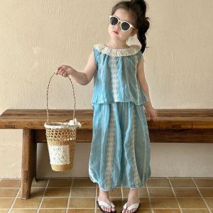 Bear Lead Lapel Girl Sets Summer Printing Sleeveless T-shirt + Mosquito-proof Pants Two-piece Clothing Suits Lace Patchwork Kids Clothes Outfits