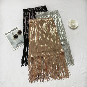 กระโปรงทรงเอรัดสะโพกมีระบายพู่ติดเลื่อมเข้ารูปเอวสูงสไตล์เทพธิดาเรียบหรูเซ็กซี่ใส่แล้วดูผอมเพรียวยาวคลุมเข่าใส่ช่วงฤดูใบไม้ร่วงสำหรับผู้หญิง