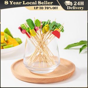 ❤️【Same Day Delivery】【100PCS】Fancy Cocktail Picks Bamboo Fruit Food Festive Toothpicks Appetizer Skewers Wooden Sticks with Christmas Trees on TheTop 306A-LZC-Flaming-Pick