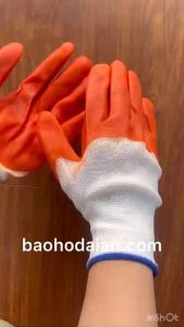 Găng tay len phủ nhựa 2 mặt màu cam (10 đôi)