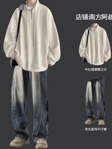 Casual Sportswear Sweatshirt Set for Men with Half Zipper Trendy Brand Cool Looking with Jeans Student High End Feel Two Piece Set Clothes