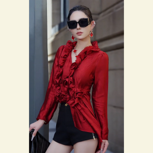 SHANGSHA | Elegant Designer Red Blouse