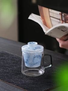 JISU | Chic Blue Daisy Large Capacity Ceramic Mug with Lid