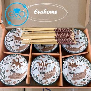 Bộ 6 Chén Sứ Hoạ Tiết Chú Nai Sừng Tấm Đáng Yêu Phong Cách Nhật Tặng Kèm 6 Đôi Đũa Tre Cao Cấp