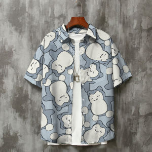 Light Man Story Summer Snorlax Print Two-Dimensional Short-Sleeved Shirt Mens Couple Wear Trendy Shirt Women Cardigan