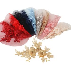 1Pair 3D Wedding Dress Lace Applique DIY Craft Flower Patch Garment Auxiliary Material Gold Blue Flower .14.5*19cm