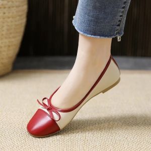 Womens Comfort Round Toe Flat Ballet Shoes Soft Leather Bowknot Boat Shoes