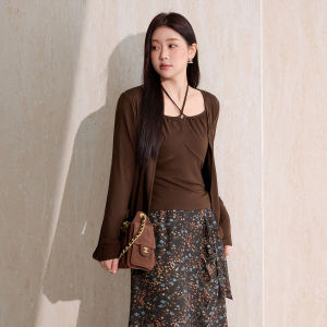 Méład Vintage Lightweight Cardigan Elastic Waist Ruffle Design Floral Skirt Set